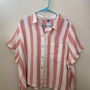Old Navy Womens XL Pink White Striped Button-Up Short Sleeve Shirt 100% Cotton